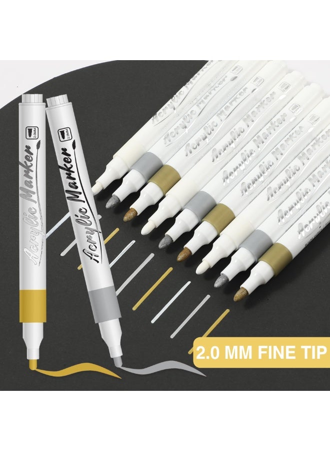 fantasize 9 Pcs Acrylic Paint Pens Markers, Acrylic Markers, 2-3mm Medium Tip, White Gold Silver Paint Pen for Art Projects, Drawing, Rock Painting, Ceramic, Glass, Wood, Plastic, Metal, Canvas DIY Crafts - Image 3